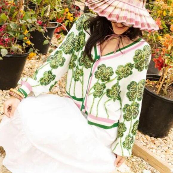 Queen Of Sparkles White, Green & Pink Stripe Beaded Shamrock Cardigan L - Picture 6 of 7